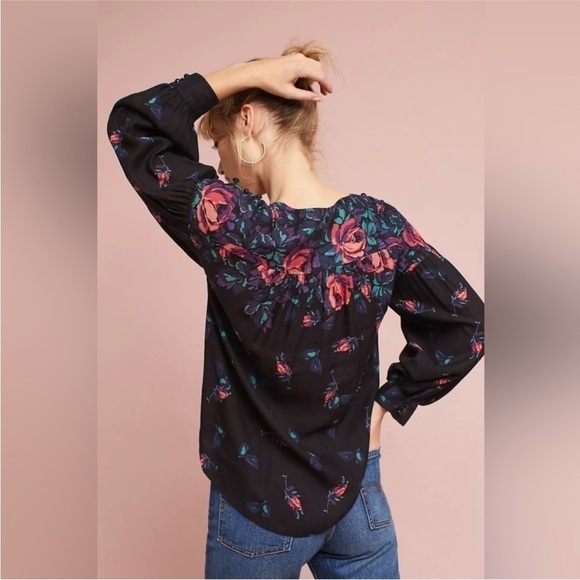 Anthropologie Maeve Gardenia Black Pink Purple Floral Linen Blend Blouse Top XS - Picture 2 of 16